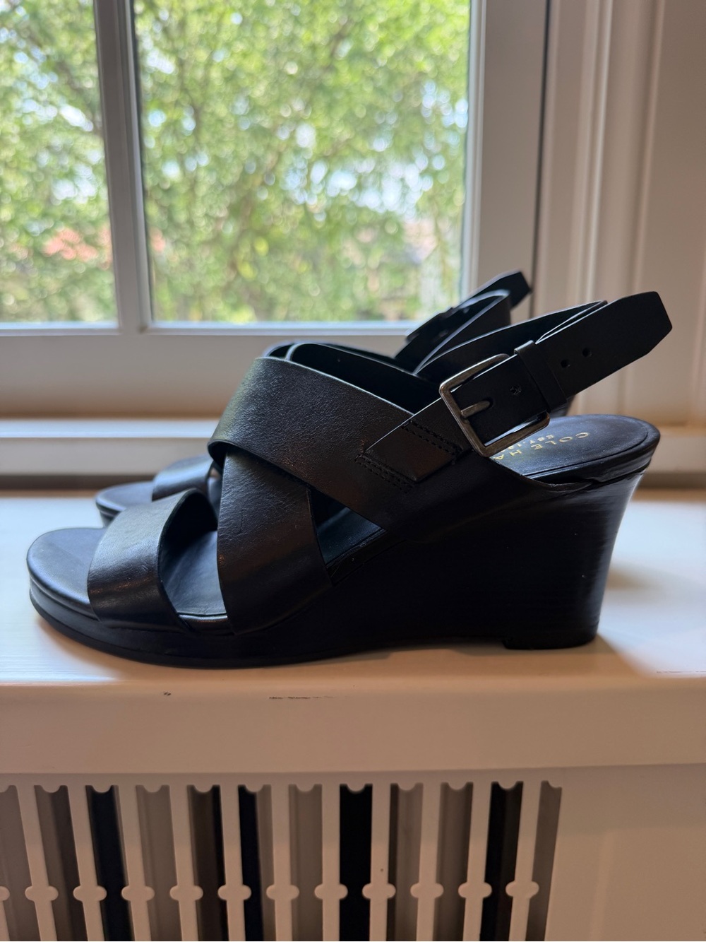 Cole Haan Black Wedge Sandals with Crisscross Straps - Women